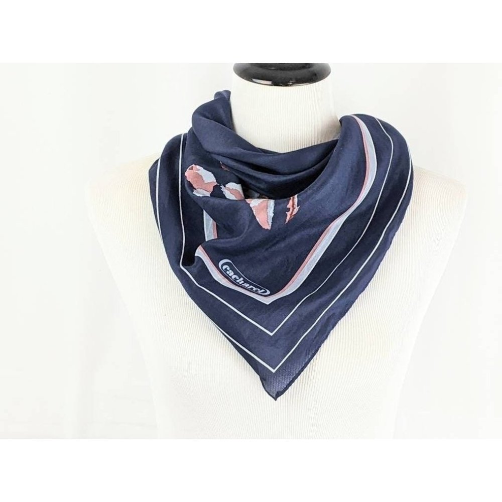 Cacharel 1990s Dark Navy Blue Square Lightweight Scarf with Peach Taupe Floral